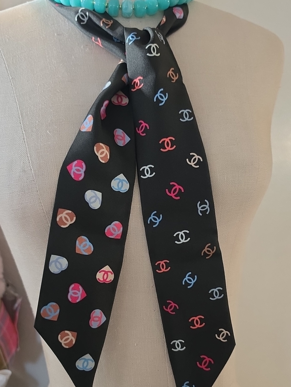 CHANEL Black Silk Logo Twilly with Multicolor CC Hearts